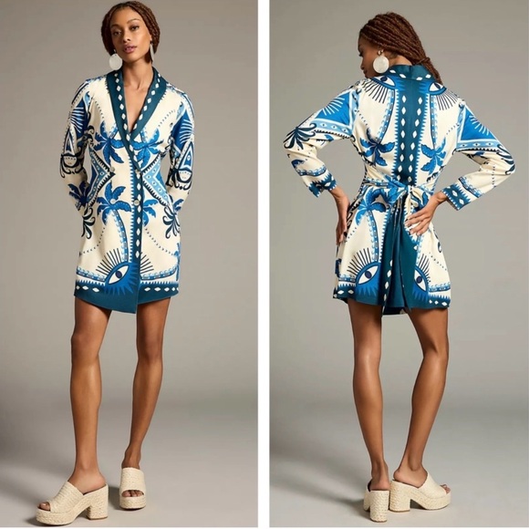 FARM Rio Dresses & Skirts - FARM Rio Blue and Cream Printed Wrap Dress
